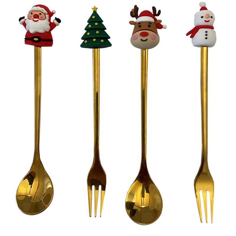 Gold Christmas Teaspoon & Fork Set of 4