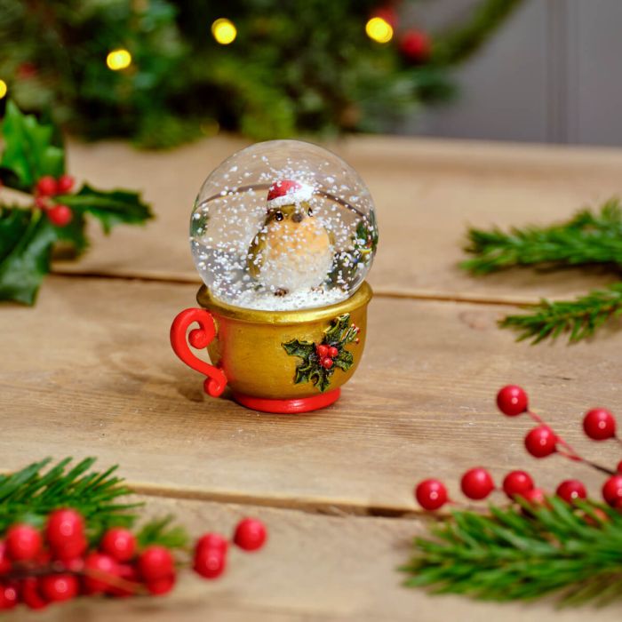 Festive Robin Teacup Snow Globe Ornament