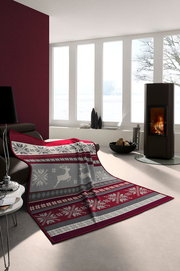 Cotton Rich Throw -  Snowflake Red 140 x 180