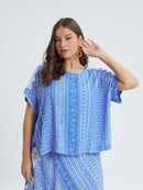 BLUE AND WHITE LACE SHOULDER TOP - Blue Combo