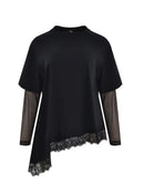 Lace Sleeve Cotton Blouse - Black