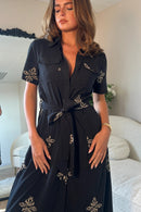 Solene Embroidered Shirt Dress - Black