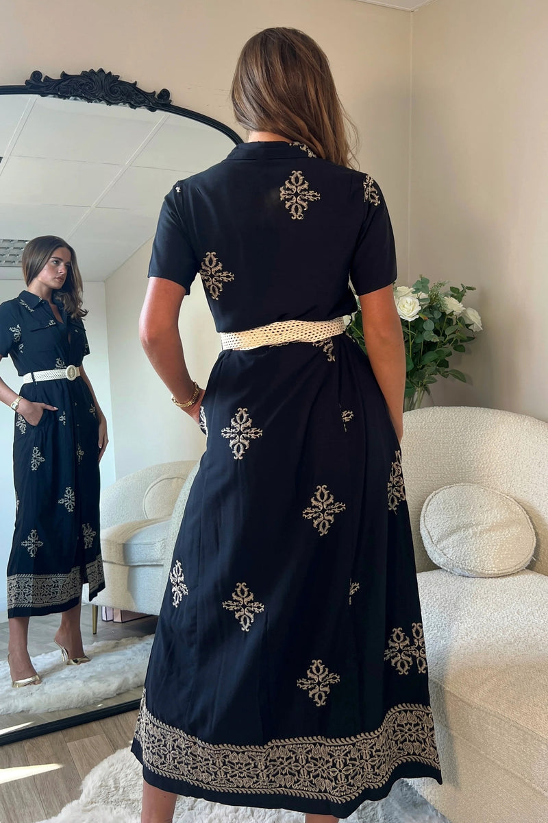 Solene Embroidered Shirt Dress - Black