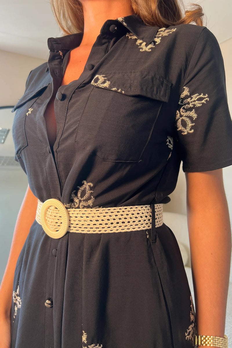 Solene Embroidered Shirt Dress - Black