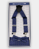 Boys Braces, Bowtie & Pocket Square Set - Navy Polka Dot