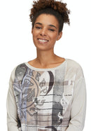 Bateau Neck Print Top - Beige/black