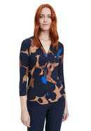 V Neck Animal Print Top - Dark Blue/camel