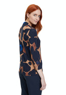 V Neck Animal Print Top - Dark Blue/camel