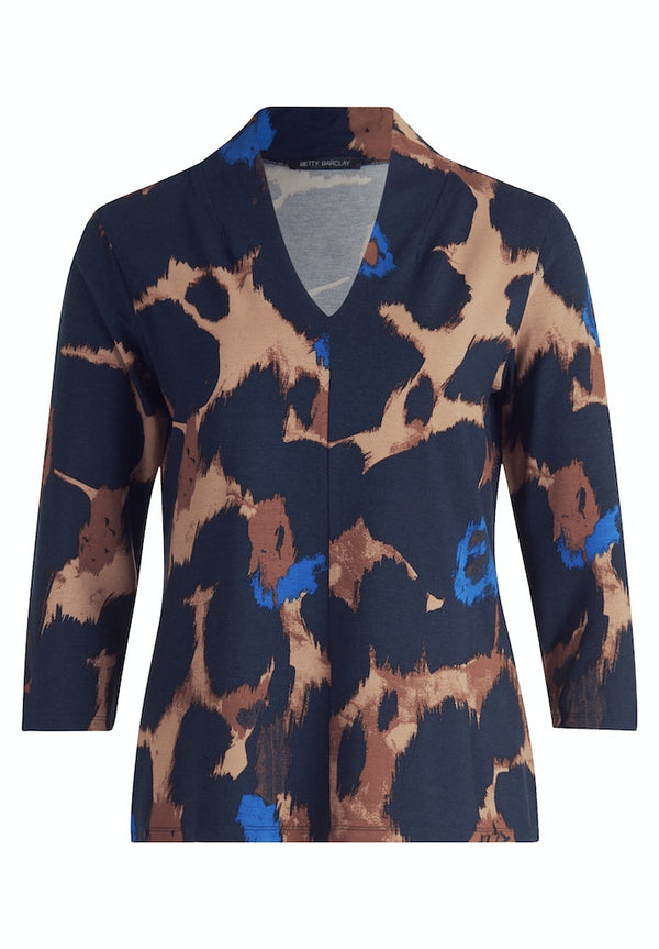 V Neck Animal Print Top - Dark Blue/camel