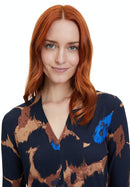 V Neck Animal Print Top - Dark Blue/camel