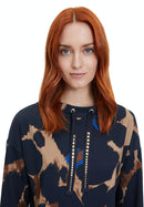 Animal Print Drawstring Top - Dark Blue/camel
