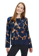 Round Neck Animal Jumper - Dark Blue/camel