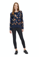Round Neck Animal Jumper - Dark Blue/camel