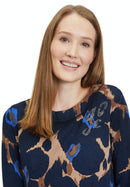 Round Neck Animal Jumper - Dark Blue/camel