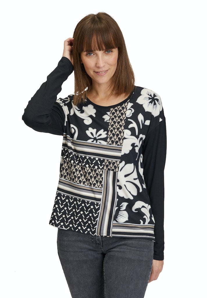Round Neck Print Top - Black/beige