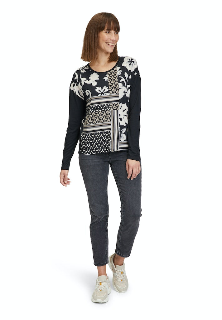 Round Neck Print Top - Black/beige