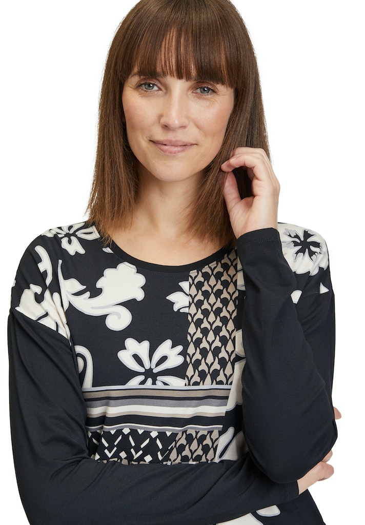 Round Neck Print Top - Black/beige