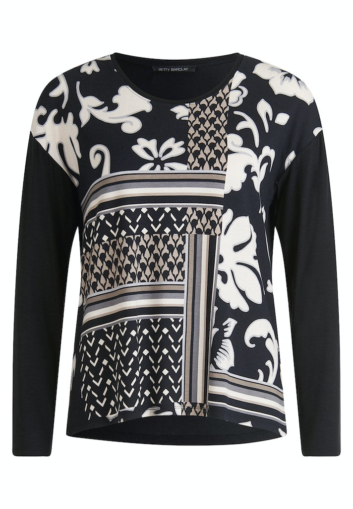 Round Neck Print Top - Black/beige