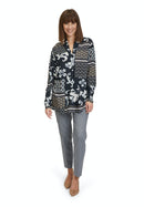 Shawl Collar Print Blouse - Black/beige