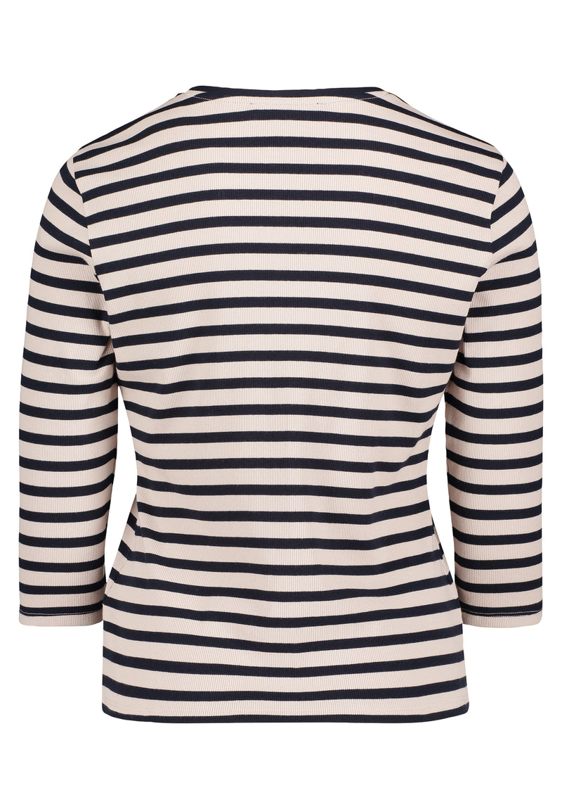 Round Neck Stripe Cardigan - Nature/dark Blue