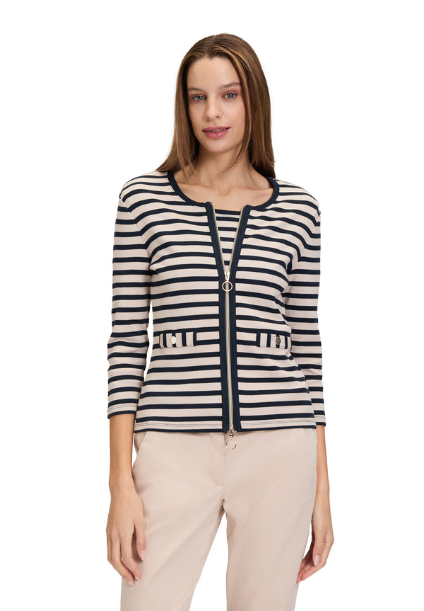 Round Neck Stripe Cardigan - Nature/dark Blue