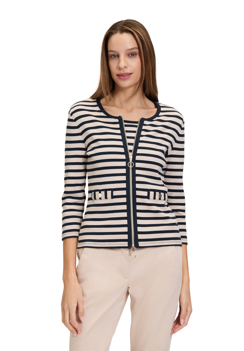 Round Neck Stripe Cardigan - Nature/dark Blue