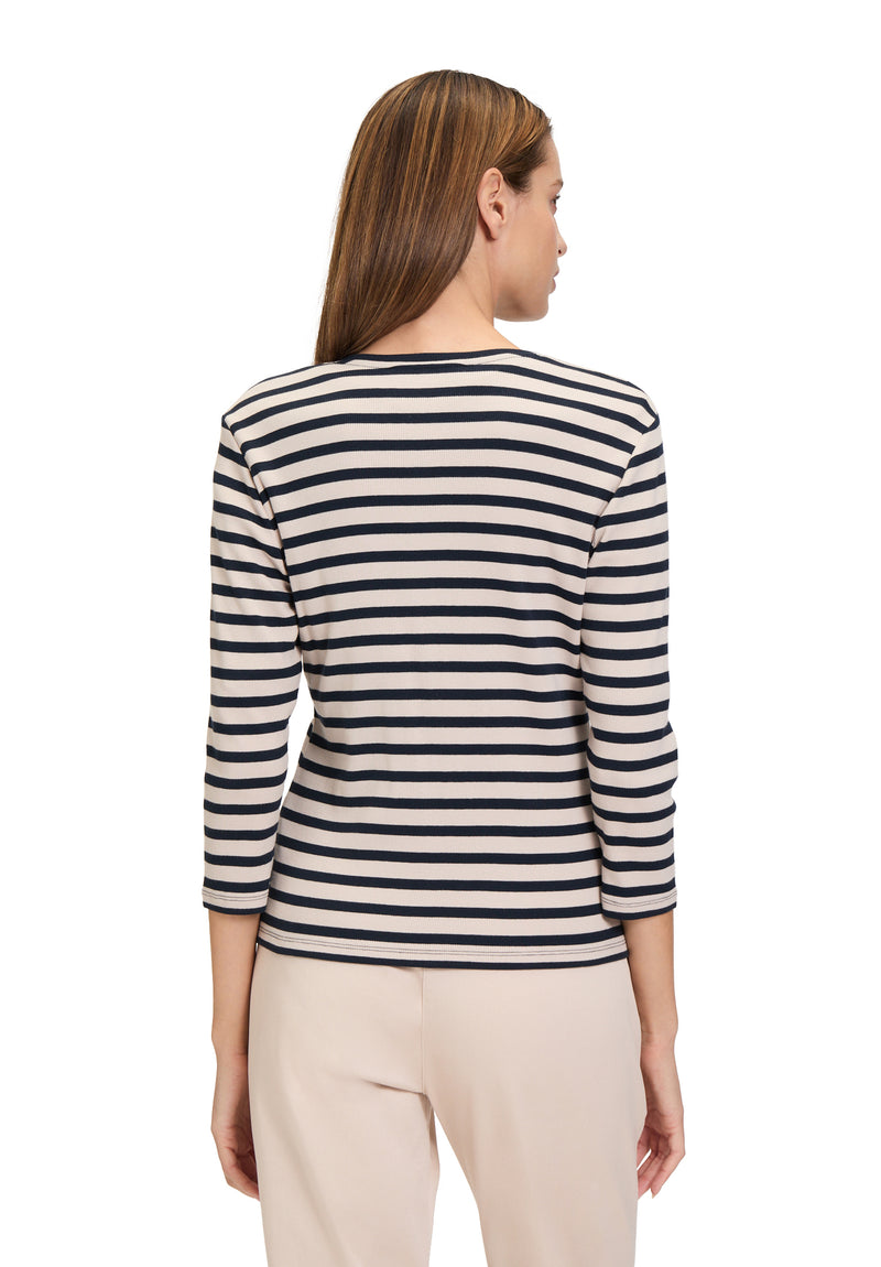 Round Neck Stripe Cardigan - Nature/dark Blue