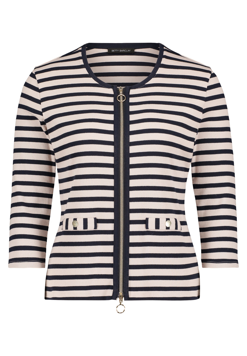 Round Neck Stripe Cardigan - Nature/dark Blue