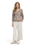 V Neck Animal Print Jumper - Taupe/taupe