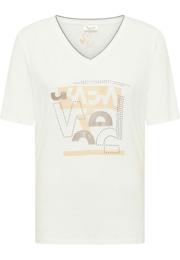 V Neck Front Print T-Shirt - Off White