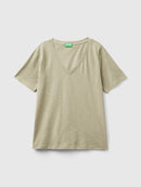 Basic Slub Cotton V Neck T-Shirt - Khaki