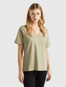 Basic Slub Cotton V Neck T-Shirt - Khaki