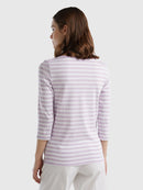 Boat Neck Stripe LS T-Shirt - White/lilac Stripe