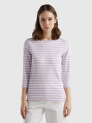 Boat Neck Stripe LS T-Shirt - White/lilac Stripe