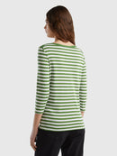 Boat Neck Stripe LS T-Shirt - White/green Stripe