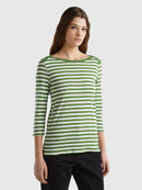 Boat Neck Stripe LS T-Shirt - White/green Stripe