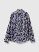 Long Sleeve Print Blouse - Navy