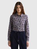 Long Sleeve Print Blouse - Navy