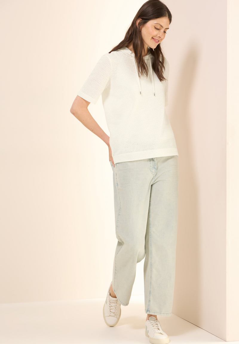 Ajour Knit Hoody T-Shirt - Vanilla White