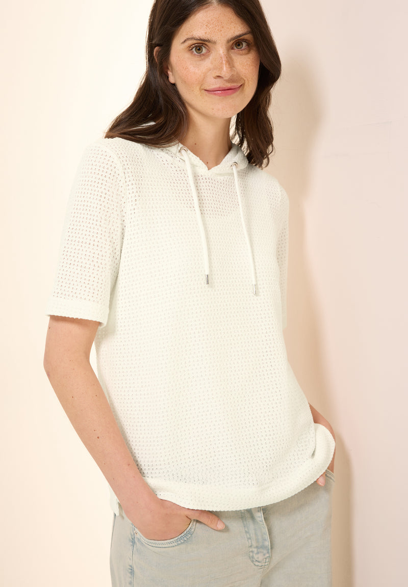 Ajour Knit Hoody T-Shirt - Vanilla White