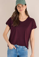 Cecil Solid Lace Shoulder T-Shirt - Sweet Grape Red