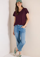 Cecil Solid Lace Shoulder T-Shirt - Sweet Grape Red