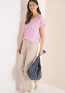 Cecil Solid Lace Shoulder T-Shirt - Light Blush Rose