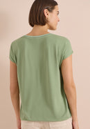 Solid Mixed Material Blouse - Deep Matcha Green