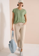 Solid Mixed Material Blouse - Deep Matcha Green