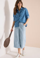 Style Neele Flare Stripe Trousers - Mid Blue Wash
