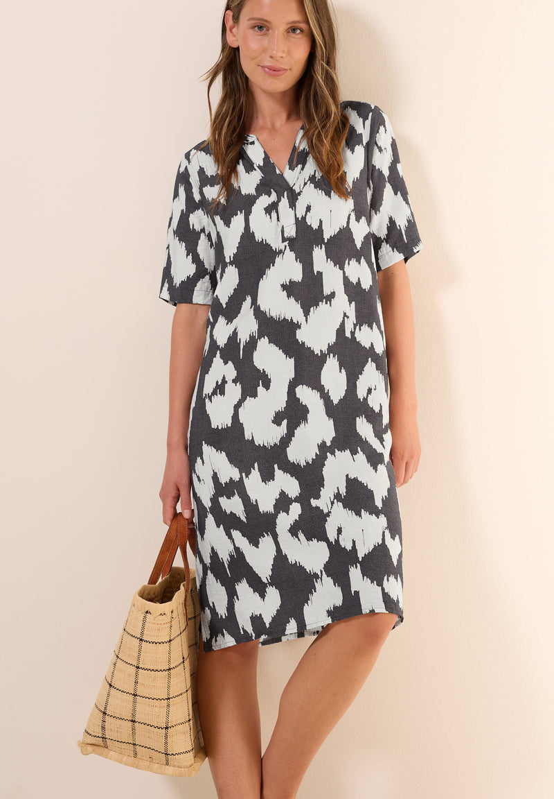 Printed Split Neck Dress - Volcanic Grey