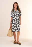 Printed Split Neck Dress - Volcanic Grey