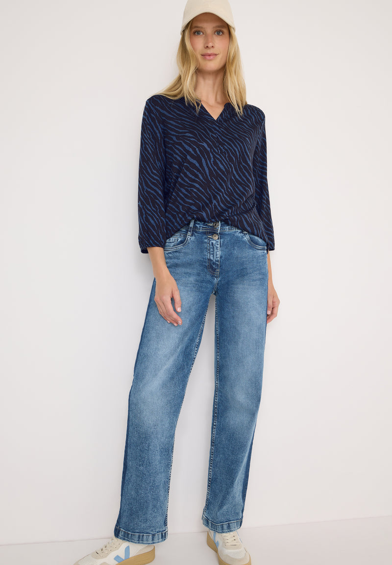 Minimal Print Split Neck Tunic - Urban Dark Blue