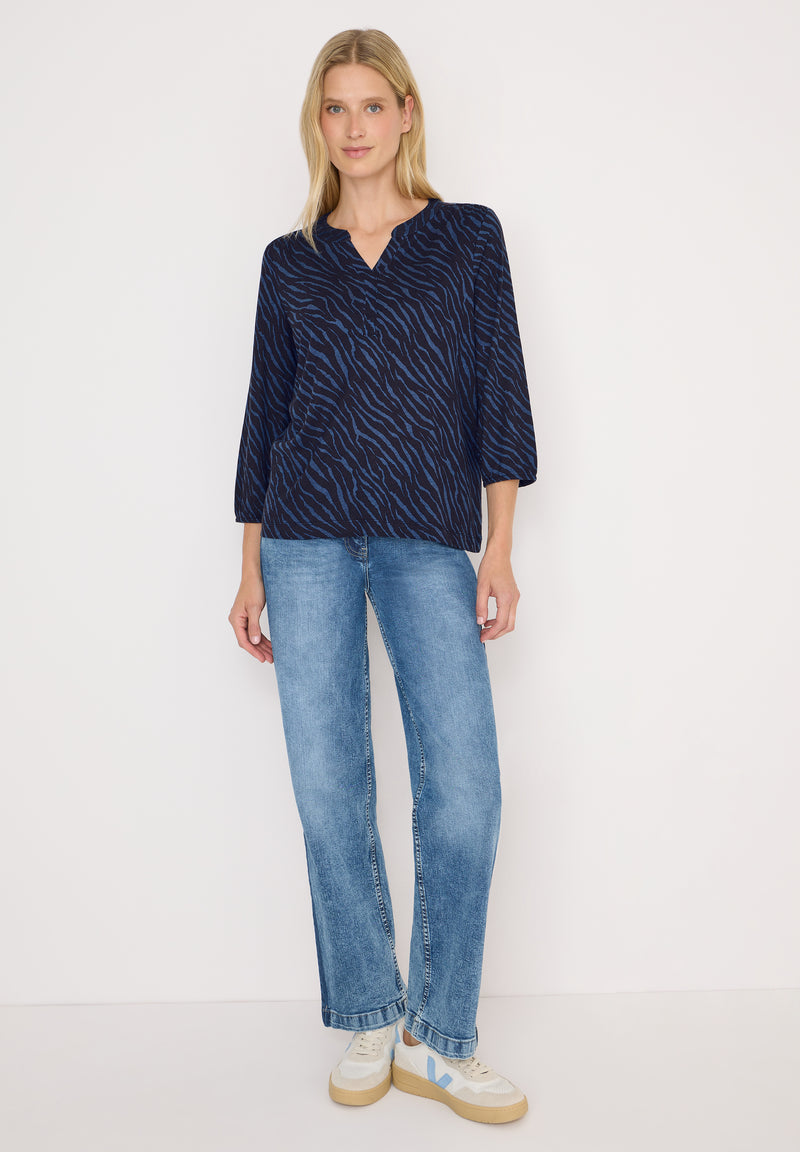 Minimal Print Split Neck Tunic - Urban Dark Blue